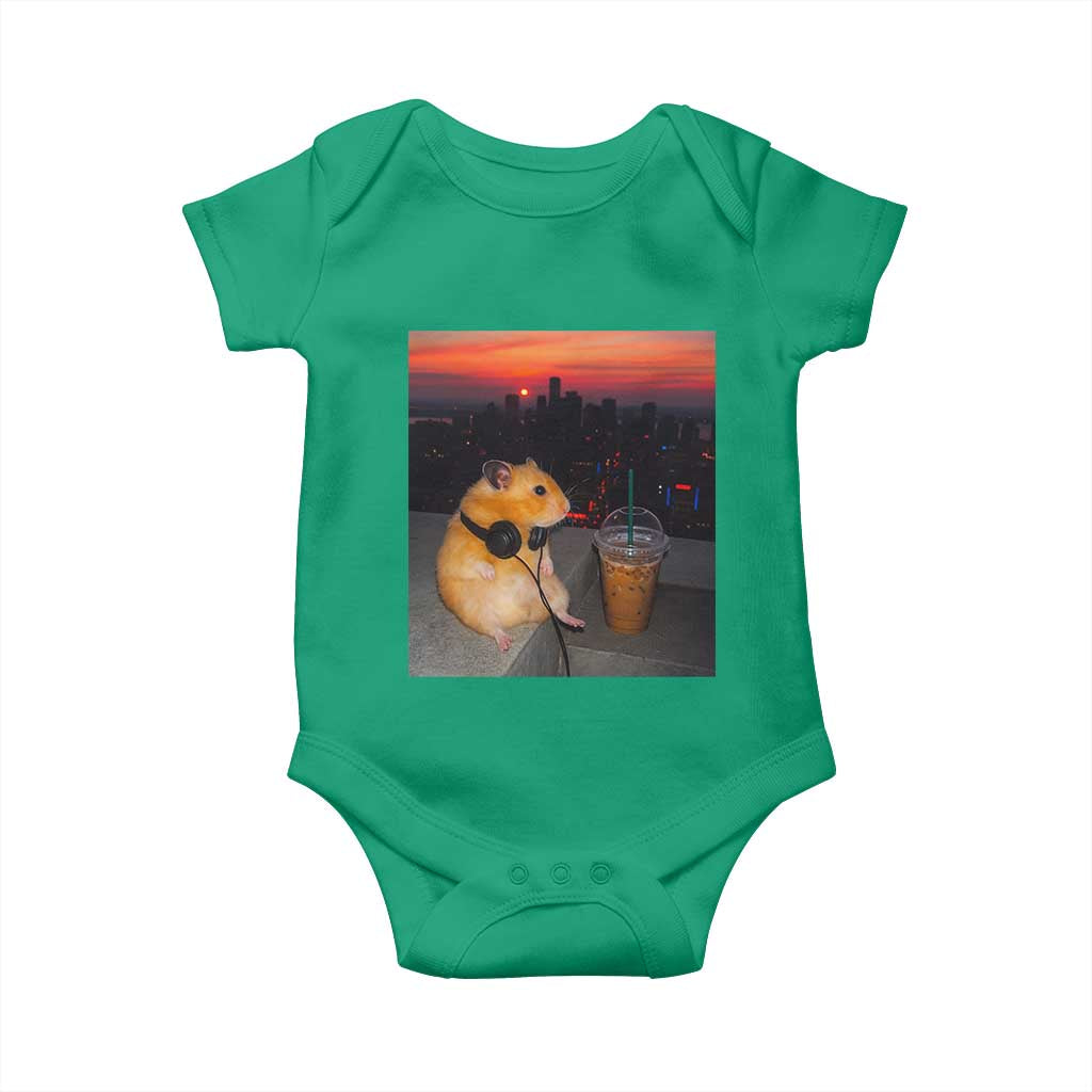 Hamster Drinking Iced Coffee Baby Onesie Funny Animal Chill City Sunset Headphones TS14 Irish Green Print Your Wear