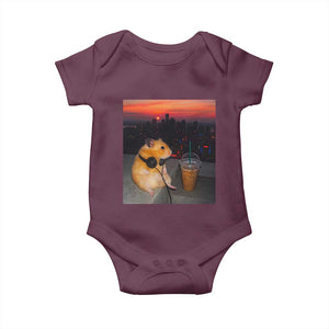 Hamster Drinking Iced Coffee Baby Onesie Funny Animal Chill City Sunset Headphones TS14 Maroon Print Your Wear