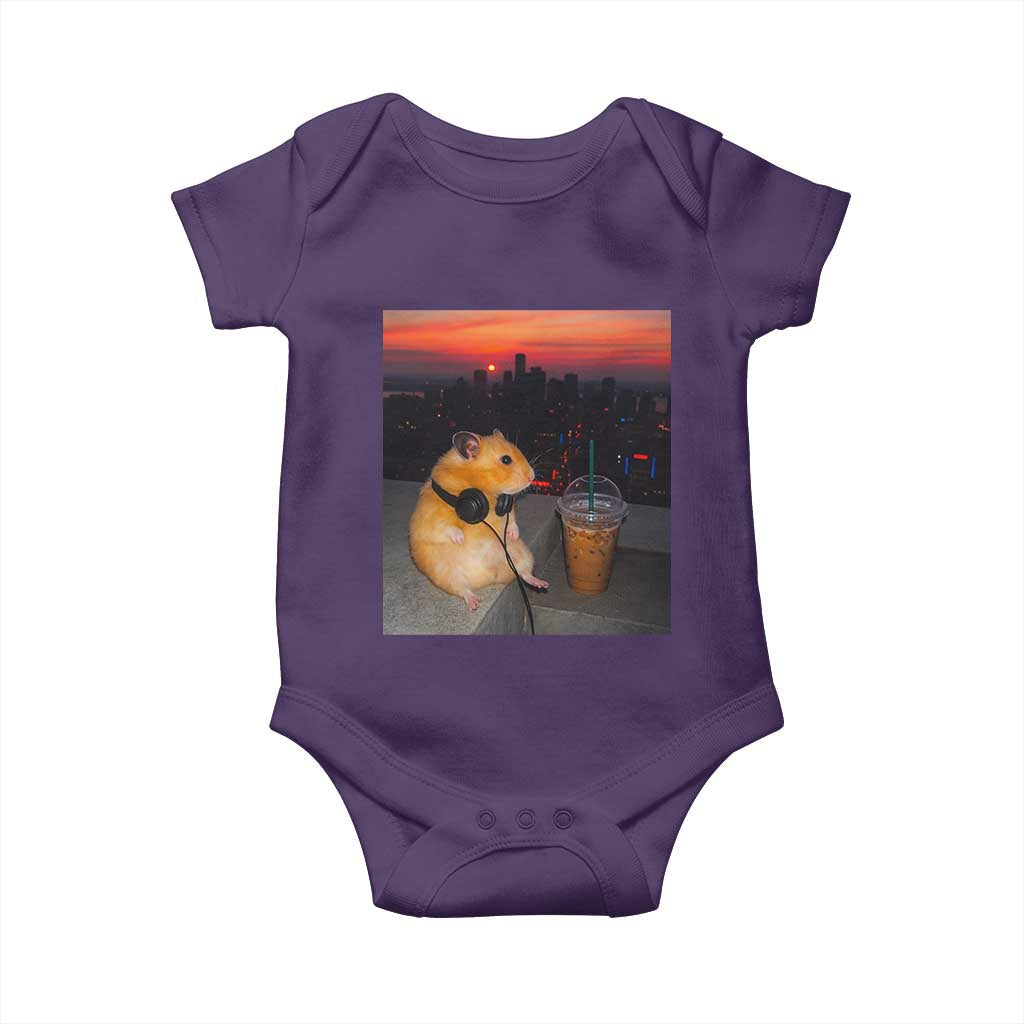 Hamster Drinking Iced Coffee Baby Onesie Funny Animal Chill City Sunset Headphones TS14 Purple Print Your Wear