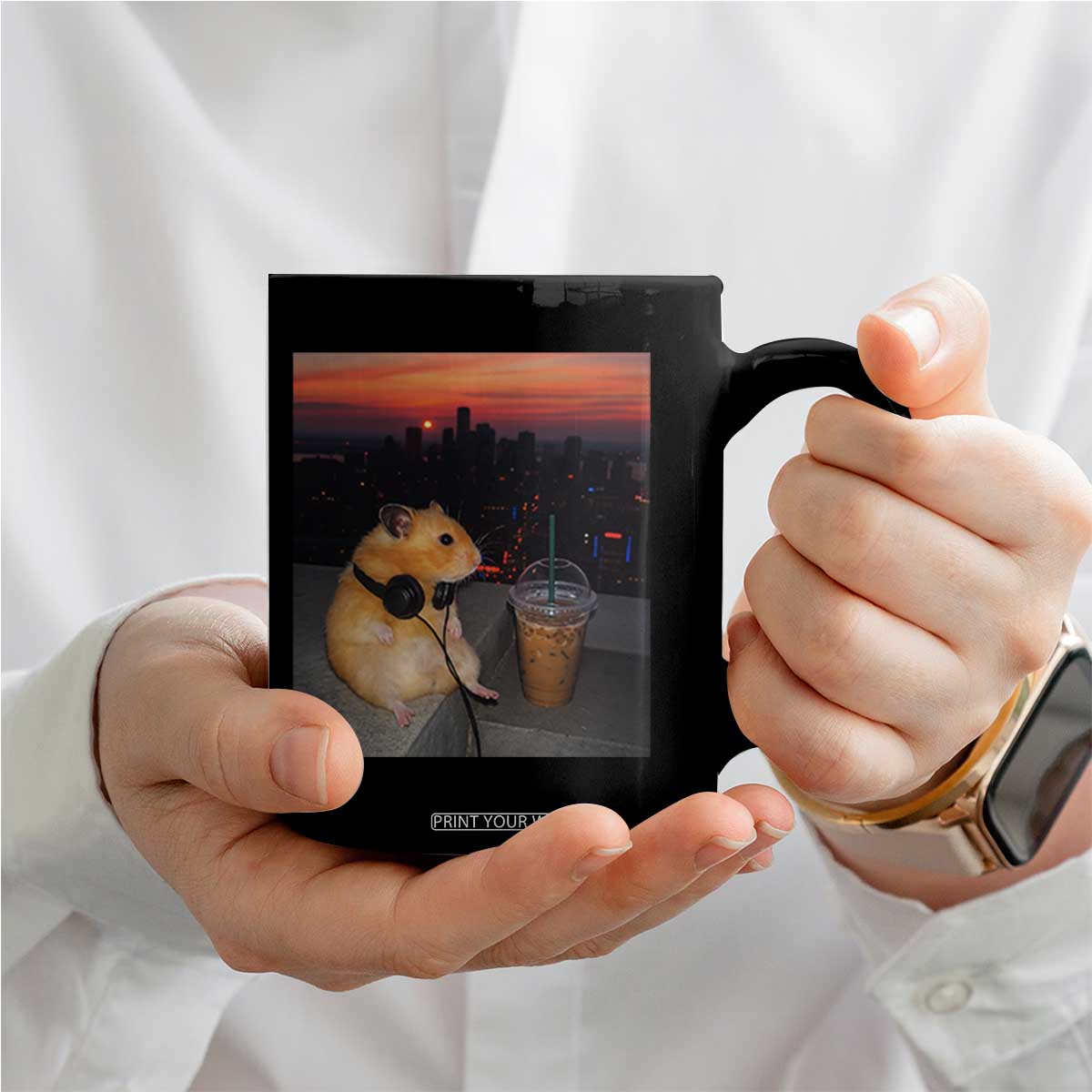 Hamster Drinking Iced Coffee Coffee Mug Funny Animal Chill City Sunset Headphones TS14 Print Your Wear