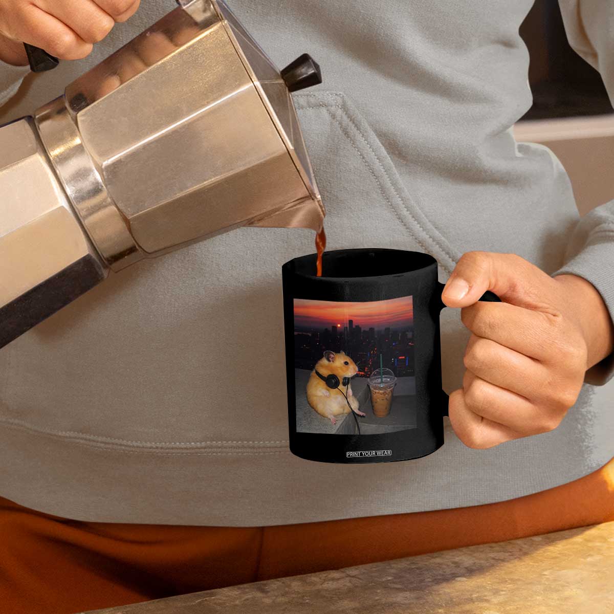 Hamster Drinking Iced Coffee Coffee Mug Funny Animal Chill City Sunset Headphones TS14 Print Your Wear