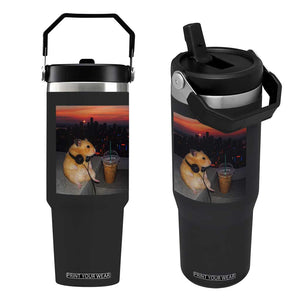Hamster Drinking Iced Coffee Flip Straw Tumbler Funny Animal Chill City Sunset Headphones TS14 One Size: 30 oz Black Print Your Wear