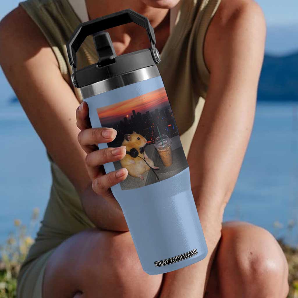 Hamster Drinking Iced Coffee Flip Straw Tumbler Funny Animal Chill City Sunset Headphones TS14 One Size: 30 oz Light Blue Print Your Wear