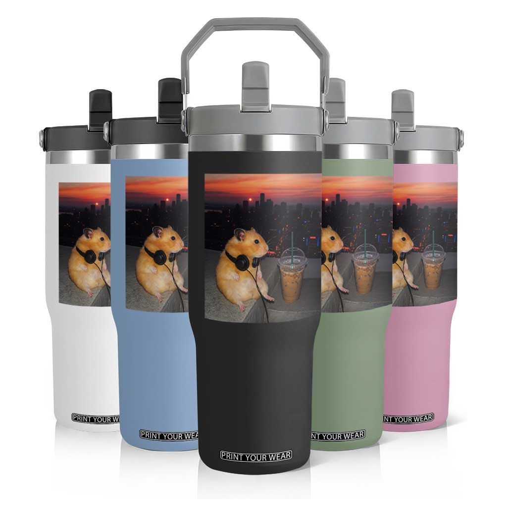 Hamster Drinking Iced Coffee Flip Straw Tumbler Funny Animal Chill City Sunset Headphones TS14 Print Your Wear