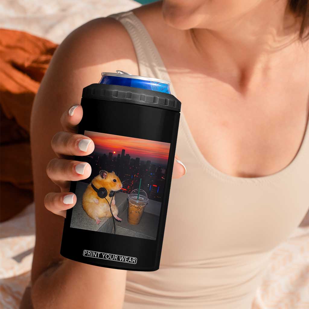 Hamster Drinking Iced Coffee 4 in 1 Can Cooler Tumbler Funny Animal Chill City Sunset Headphones TS14 Print Your Wear