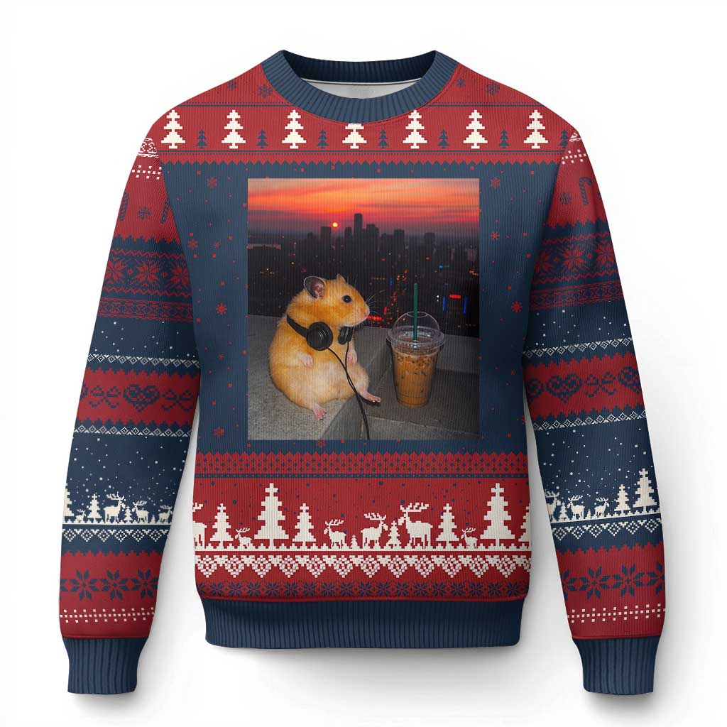Hamster Drinking Iced Coffee Ugly Christmas Sweater Funny Animal Chill City Sunset Headphones TS14 Navy Red Print Your Wear