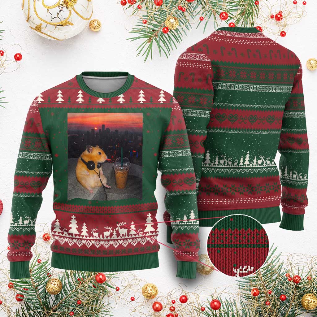 Hamster Drinking Iced Coffee Ugly Christmas Sweater Funny Animal Chill City Sunset Headphones TS14 Red Green Print Your Wear