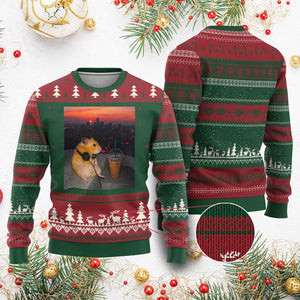 Hamster Drinking Iced Coffee Ugly Christmas Sweater Funny Animal Chill City Sunset Headphones TS14 Red Green Print Your Wear