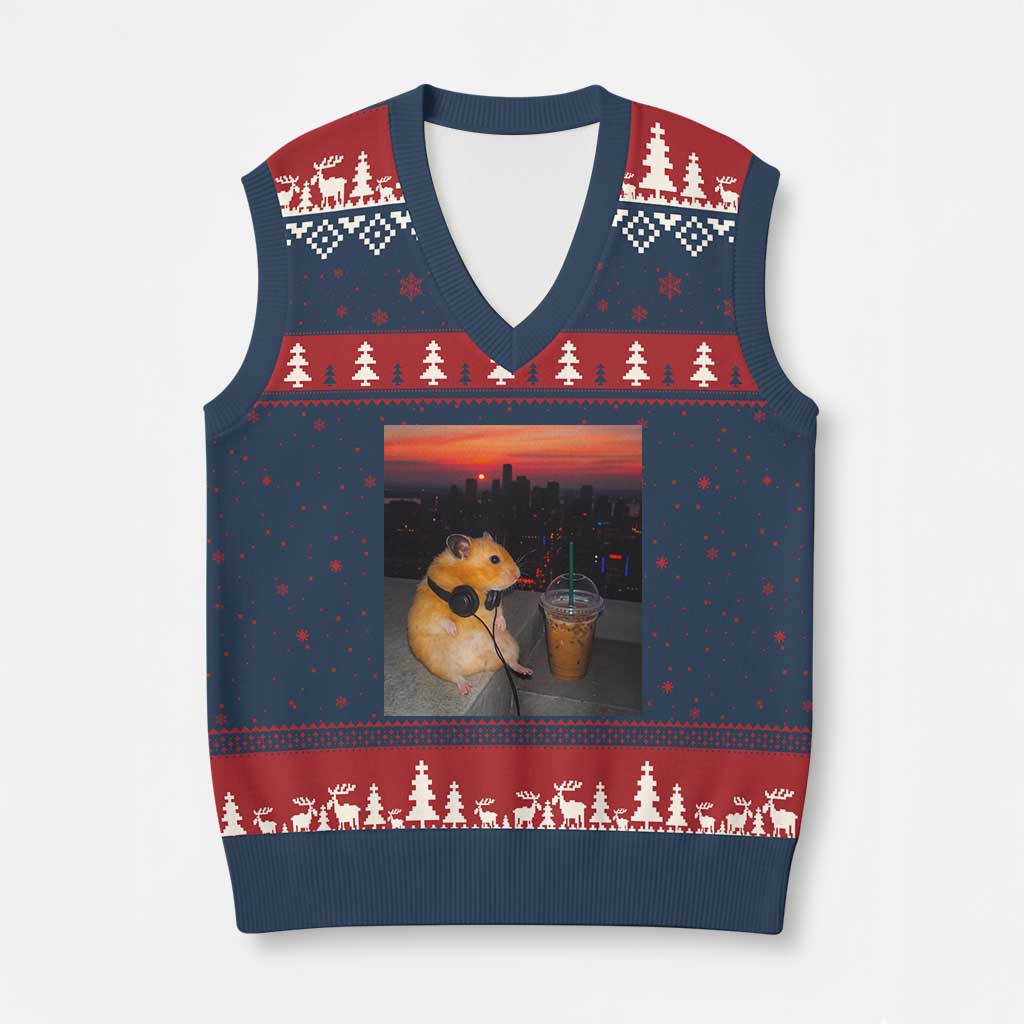 Hamster Drinking Iced Coffee V-Neck Knit Sweater Vest Funny Animal Chill City Sunset Headphones TS14 Navy Red Print Your Wear