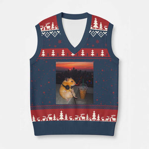 Hamster Drinking Iced Coffee V-Neck Knit Sweater Vest Funny Animal Chill City Sunset Headphones TS14 Navy Red Print Your Wear