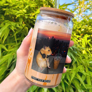 Hamster Drinking Iced Coffee Glass Can Funny Animal Chill City Sunset Headphones TS14 Black Print Your Wear