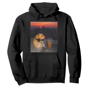 Hamster Drinking Iced Coffee Hoodie Funny Animal Chill City Sunset Headphones TS14 Black Print Your Wear