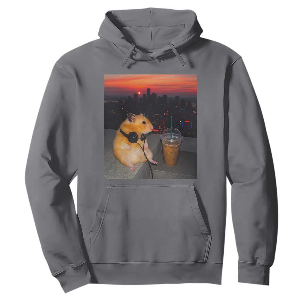 Hamster Drinking Iced Coffee Hoodie Funny Animal Chill City Sunset Headphones TS14 Charcoal Print Your Wear