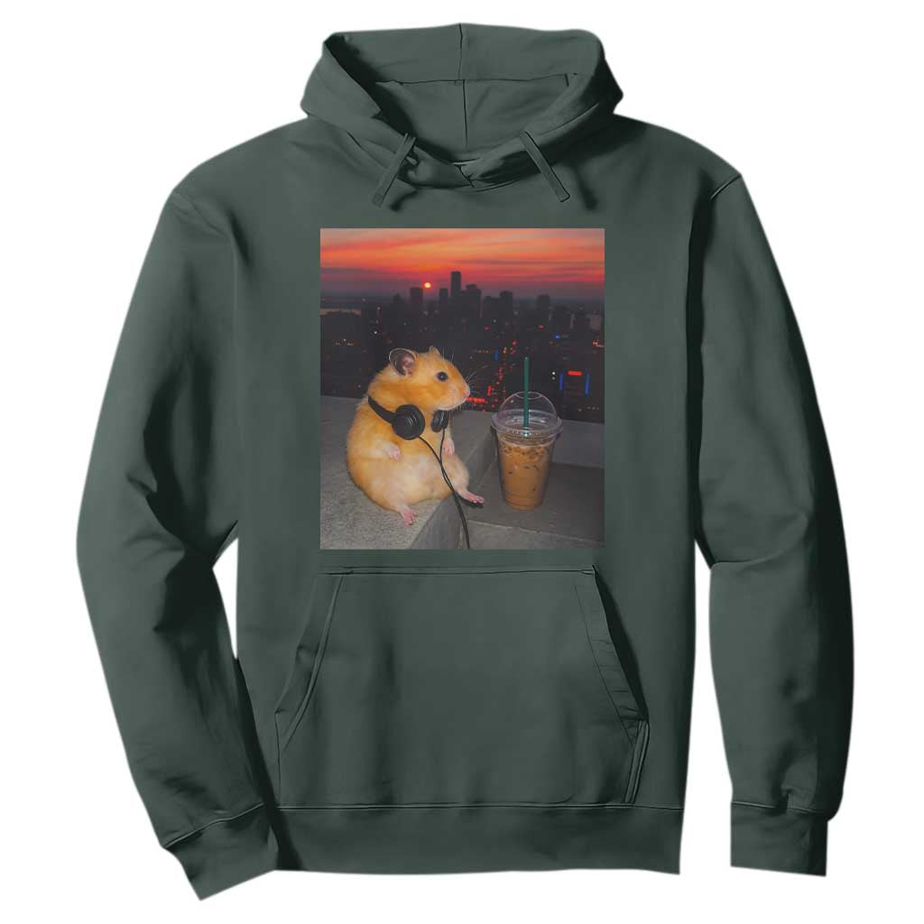 Hamster Drinking Iced Coffee Hoodie Funny Animal Chill City Sunset Headphones TS14 Dark Forest Green Print Your Wear