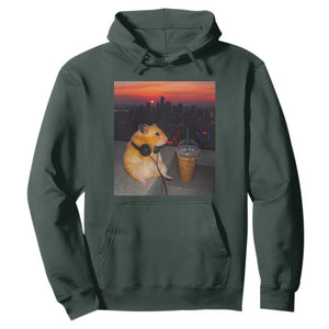 Hamster Drinking Iced Coffee Hoodie Funny Animal Chill City Sunset Headphones TS14 Dark Forest Green Print Your Wear
