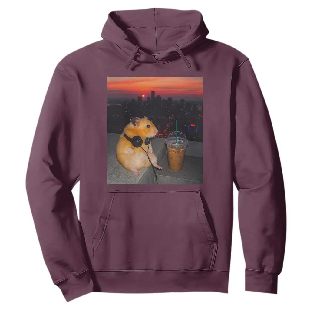 Hamster Drinking Iced Coffee Hoodie Funny Animal Chill City Sunset Headphones TS14 Maroon Print Your Wear