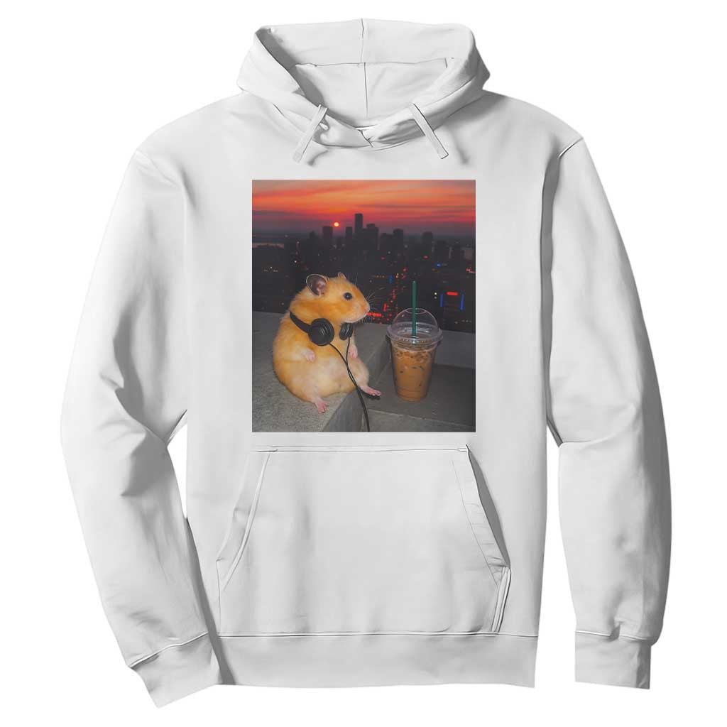 Hamster Drinking Iced Coffee Hoodie Funny Animal Chill City Sunset Headphones TS14 White Print Your Wear