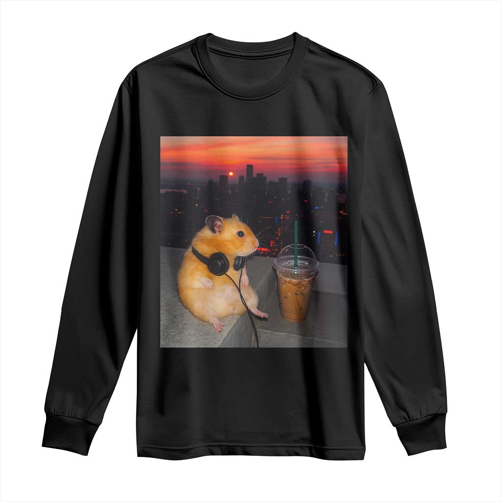 Hamster Drinking Iced Coffee Long Sleeve Shirt Funny Animal Chill City Sunset Headphones TS14 Black Print Your Wear