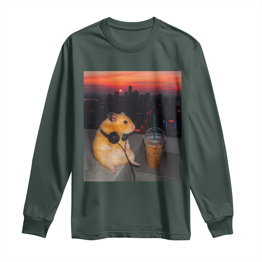 Hamster Drinking Iced Coffee Long Sleeve Shirt Funny Animal Chill City Sunset Headphones TS14 Dark Forest Green Print Your Wear
