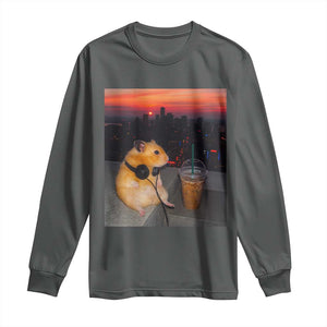 Hamster Drinking Iced Coffee Long Sleeve Shirt Funny Animal Chill City Sunset Headphones TS14 Dark Heather Print Your Wear