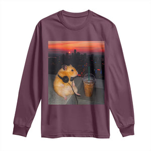 Hamster Drinking Iced Coffee Long Sleeve Shirt Funny Animal Chill City Sunset Headphones TS14 Maroon Print Your Wear