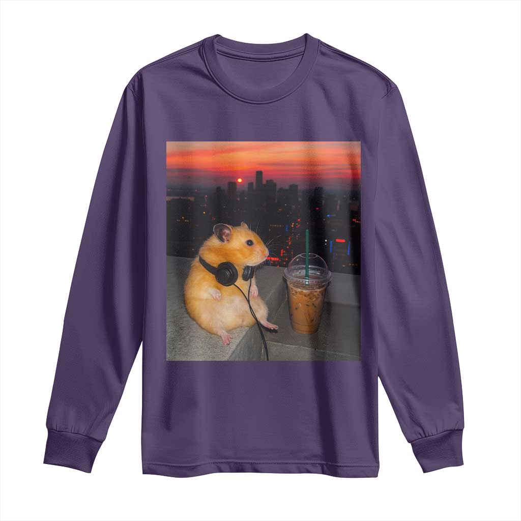 Hamster Drinking Iced Coffee Long Sleeve Shirt Funny Animal Chill City Sunset Headphones TS14 Purple Print Your Wear