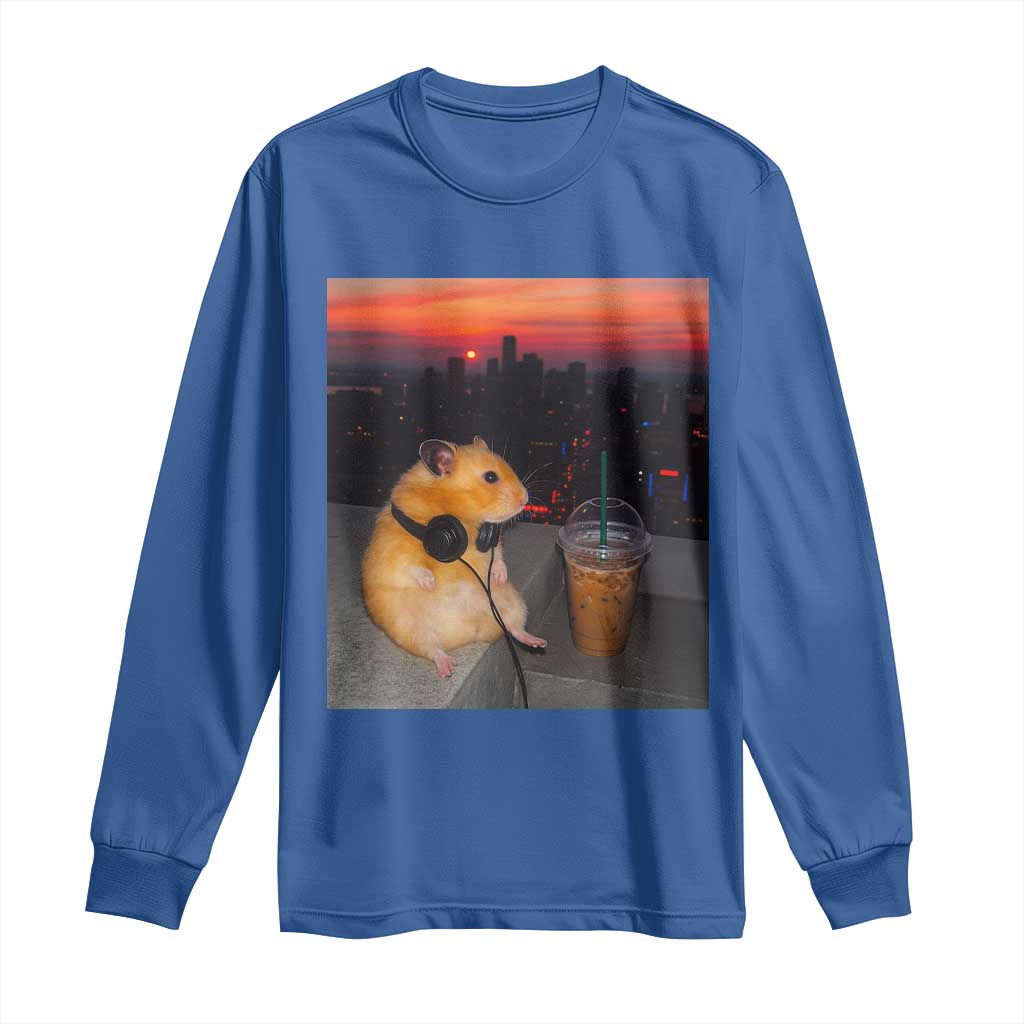 Hamster Drinking Iced Coffee Long Sleeve Shirt Funny Animal Chill City Sunset Headphones TS14 Royal Blue Print Your Wear
