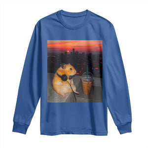 Hamster Drinking Iced Coffee Long Sleeve Shirt Funny Animal Chill City Sunset Headphones TS14 Royal Blue Print Your Wear