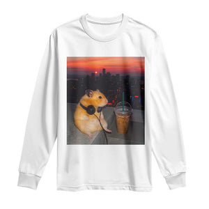 Hamster Drinking Iced Coffee Long Sleeve Shirt Funny Animal Chill City Sunset Headphones TS14 White Print Your Wear