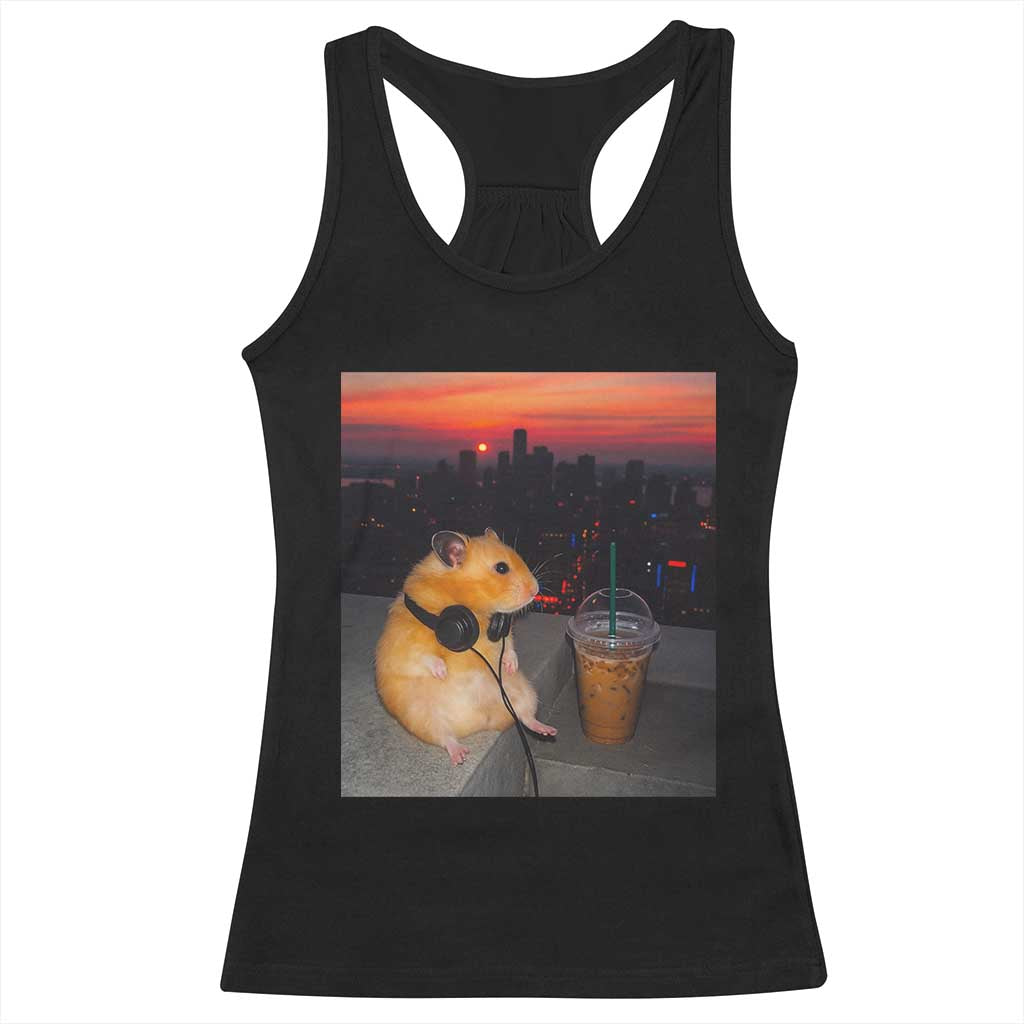 Hamster Drinking Iced Coffee Racerback Tank Top Funny Animal Chill City Sunset Headphones TS14 Black Print Your Wear