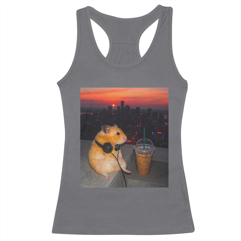 Hamster Drinking Iced Coffee Racerback Tank Top Funny Animal Chill City Sunset Headphones TS14 Charcoal Print Your Wear