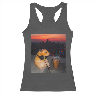 Hamster Drinking Iced Coffee Racerback Tank Top Funny Animal Chill City Sunset Headphones TS14 Dark Heather Print Your Wear