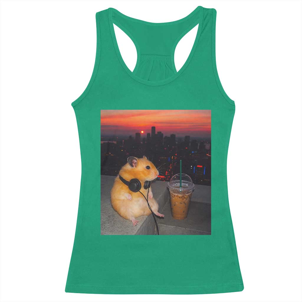 Hamster Drinking Iced Coffee Racerback Tank Top Funny Animal Chill City Sunset Headphones TS14 Irish Green Print Your Wear