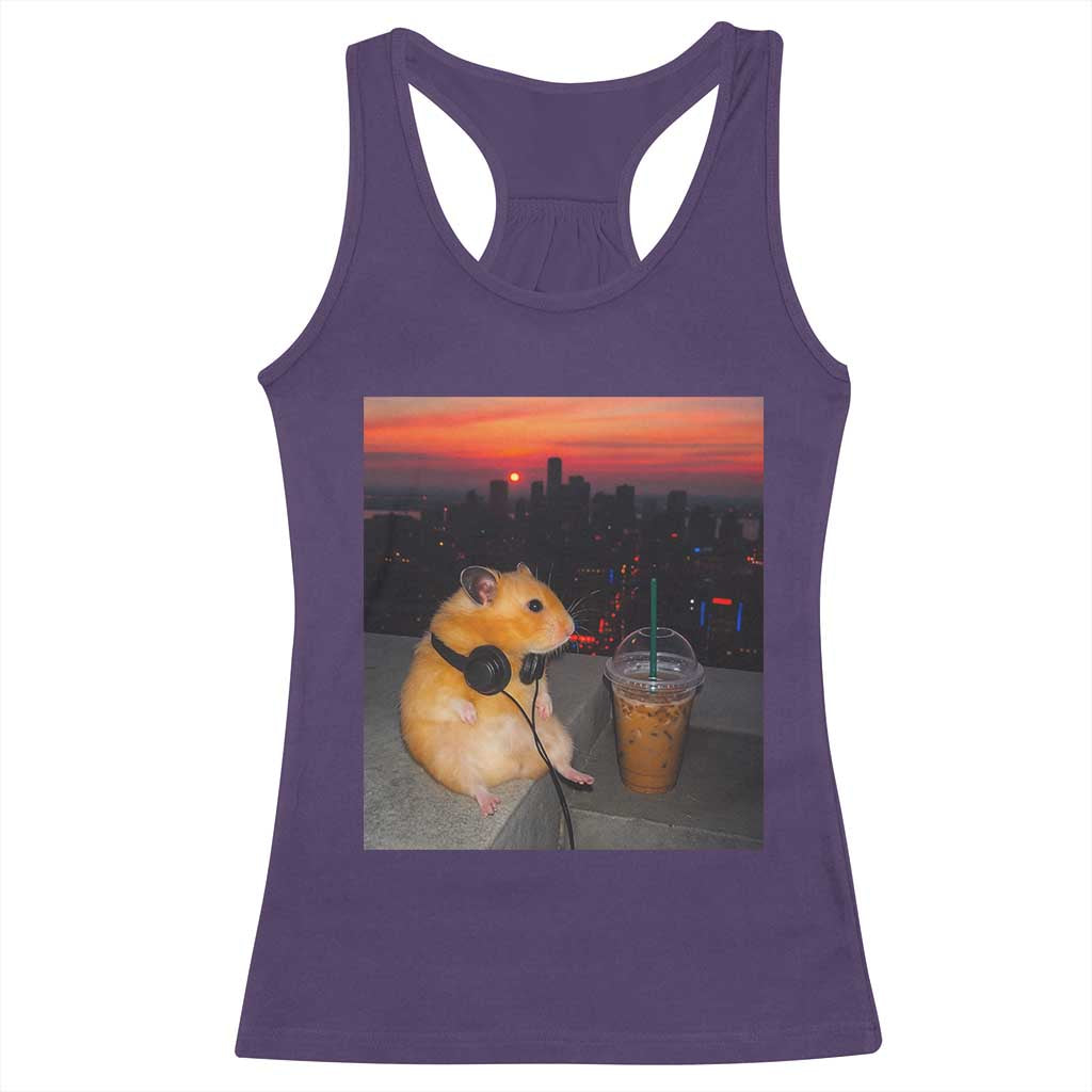 Hamster Drinking Iced Coffee Racerback Tank Top Funny Animal Chill City Sunset Headphones TS14 Purple Print Your Wear