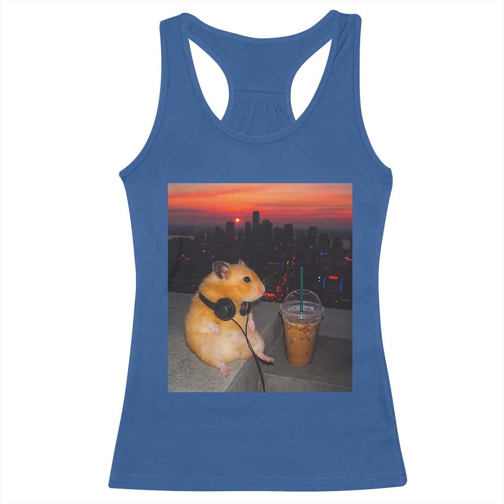 Hamster Drinking Iced Coffee Racerback Tank Top Funny Animal Chill City Sunset Headphones TS14 Royal Blue Print Your Wear