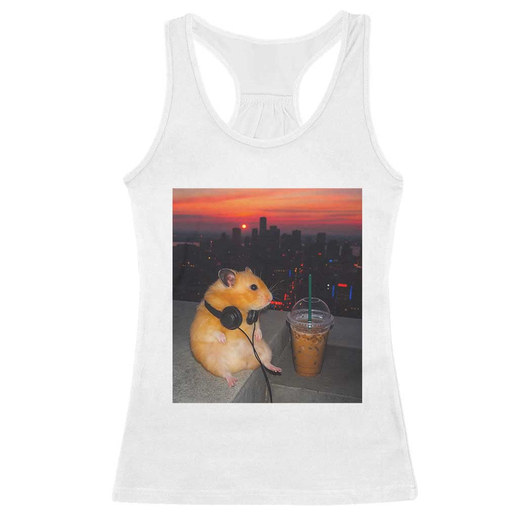 Hamster Drinking Iced Coffee Racerback Tank Top Funny Animal Chill City Sunset Headphones TS14 White Print Your Wear