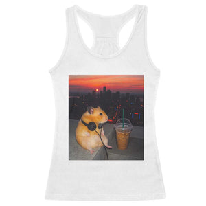 Hamster Drinking Iced Coffee Racerback Tank Top Funny Animal Chill City Sunset Headphones TS14 White Print Your Wear