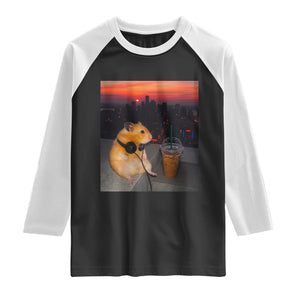 Hamster Drinking Iced Coffee Raglan Shirt Funny Animal Chill City Sunset Headphones TS14 Black White Print Your Wear