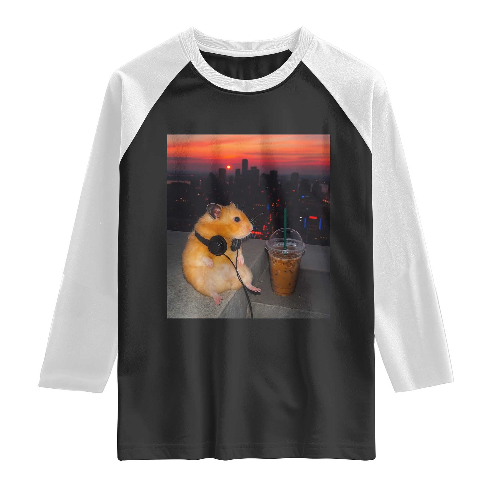 Hamster Drinking Iced Coffee Raglan Shirt Funny Animal Chill City Sunset Headphones TS14 Black White Print Your Wear