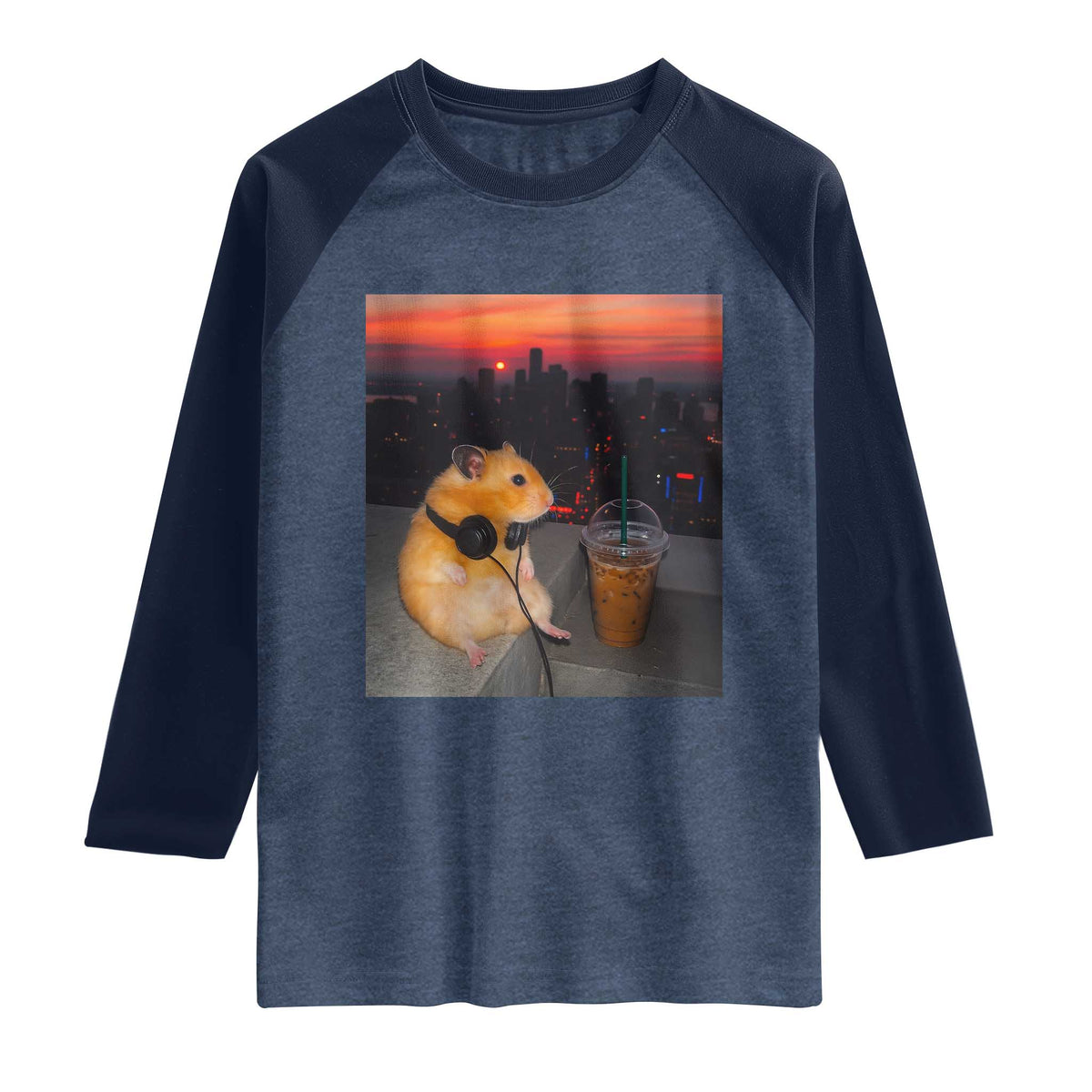 Hamster Drinking Iced Coffee Raglan Shirt Funny Animal Chill City Sunset Headphones TS14 Heather Denim Navy Print Your Wear