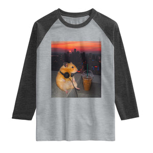Hamster Drinking Iced Coffee Raglan Shirt Funny Animal Chill City Sunset Headphones TS14 Heather Gray Heather Charcoal Print Your Wear