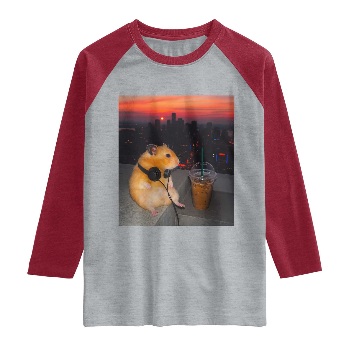 Hamster Drinking Iced Coffee Raglan Shirt Funny Animal Chill City Sunset Headphones TS14 Heather Gray Heather Red Print Your Wear