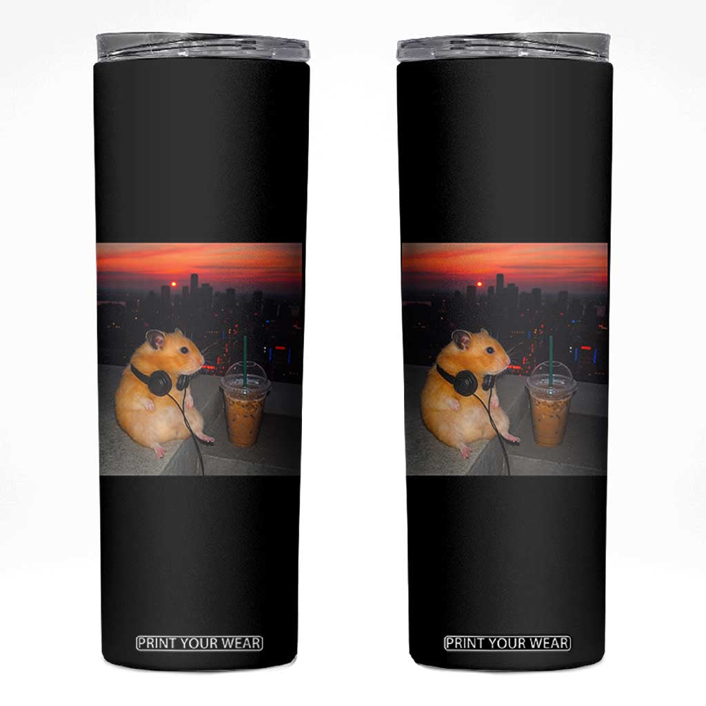 Hamster Drinking Iced Coffee Skinny Tumbler Funny Animal Chill City Sunset Headphones TS14 Black Print Your Wear