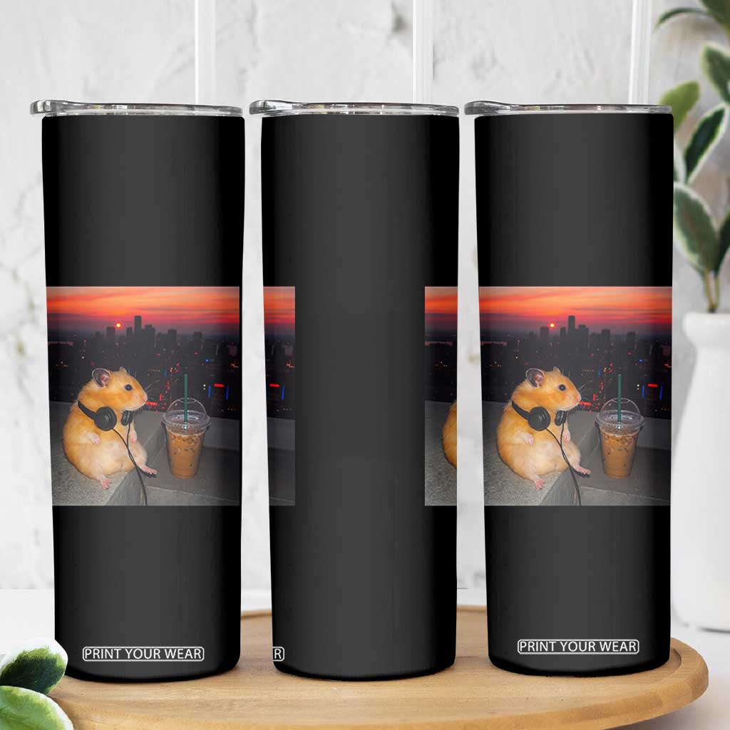 Hamster Drinking Iced Coffee Skinny Tumbler Funny Animal Chill City Sunset Headphones TS14 Print Your Wear