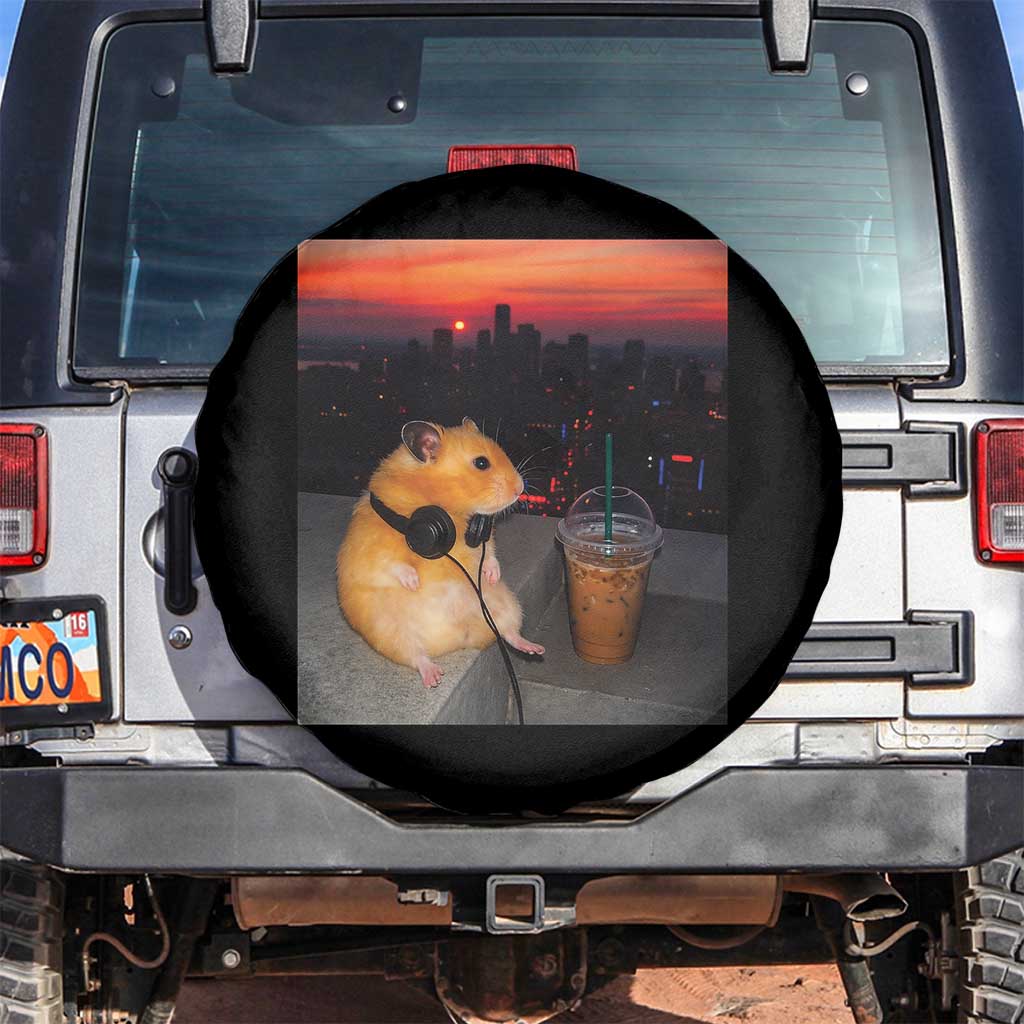 Hamster Drinking Iced Coffee Spare Tire Cover Funny Animal Chill City Sunset Headphones TS14 No hole Black Print Your Wear