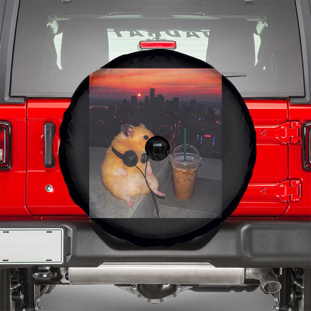Hamster Drinking Iced Coffee Spare Tire Cover Funny Animal Chill City Sunset Headphones TS14 Black Print Your Wear