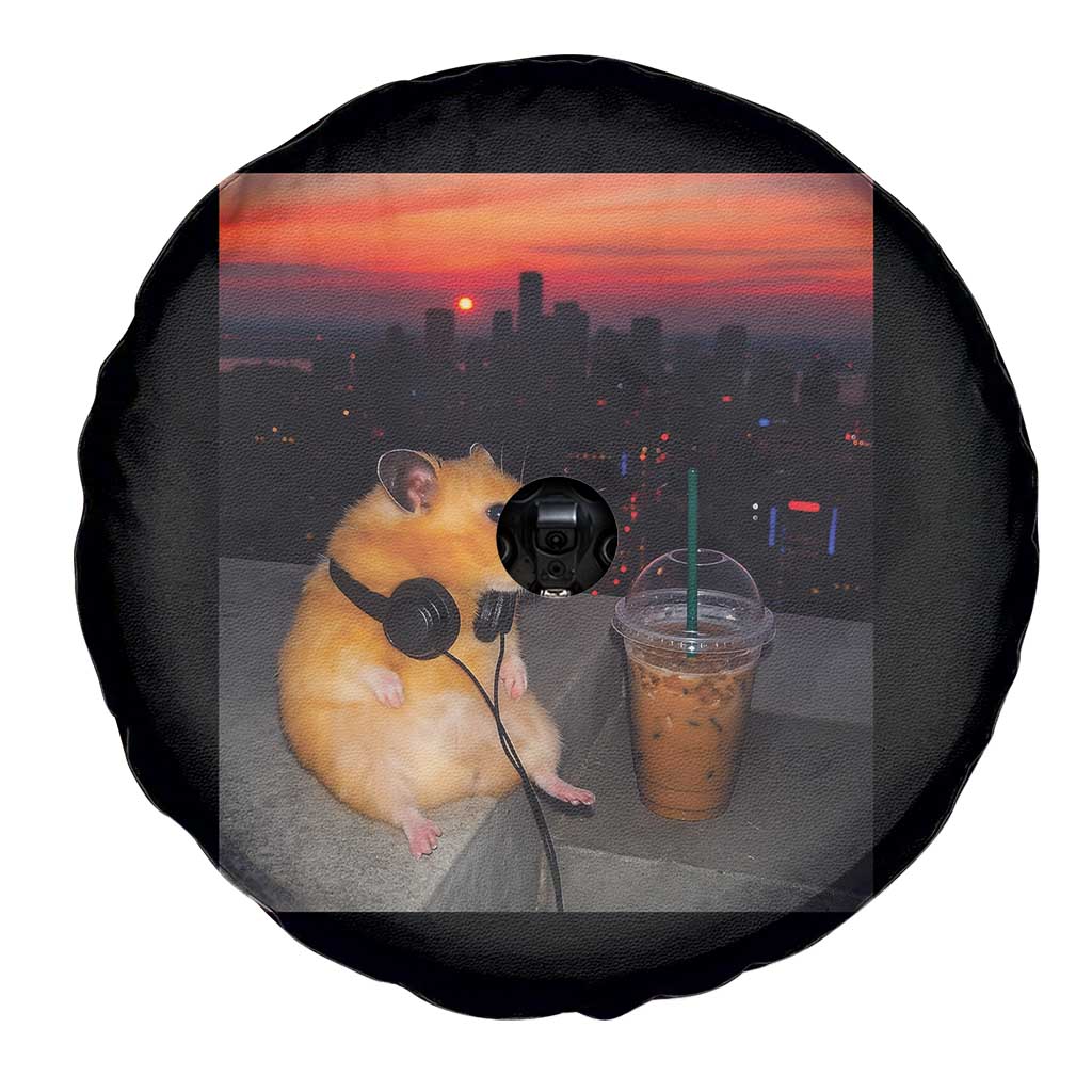 Hamster Drinking Iced Coffee Spare Tire Cover Funny Animal Chill City Sunset Headphones TS14 Print Your Wear