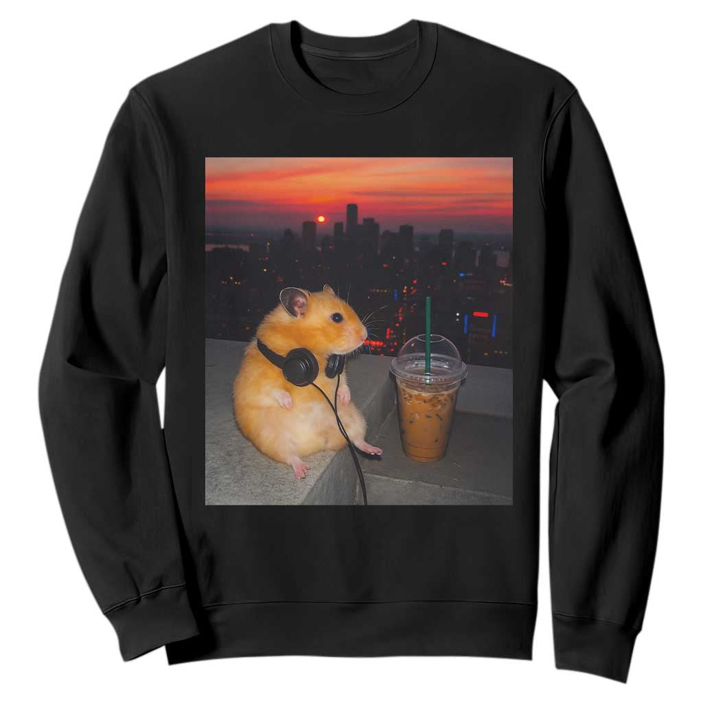 Hamster Drinking Iced Coffee Sweatshirt Funny Animal Chill City Sunset Headphones TS14 Black Print Your Wear