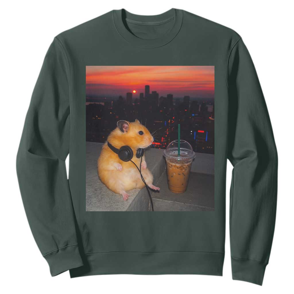 Hamster Drinking Iced Coffee Sweatshirt Funny Animal Chill City Sunset Headphones TS14 Dark Forest Green Print Your Wear
