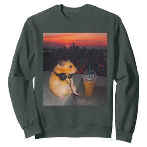 Hamster Drinking Iced Coffee Sweatshirt Funny Animal Chill City Sunset Headphones TS14 Dark Forest Green Print Your Wear